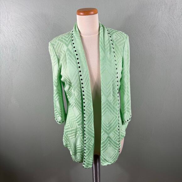 Ming Wang Cardigan Women Size Medium Green Embossed Geometric Studded Open Front - Picture 12 of 14